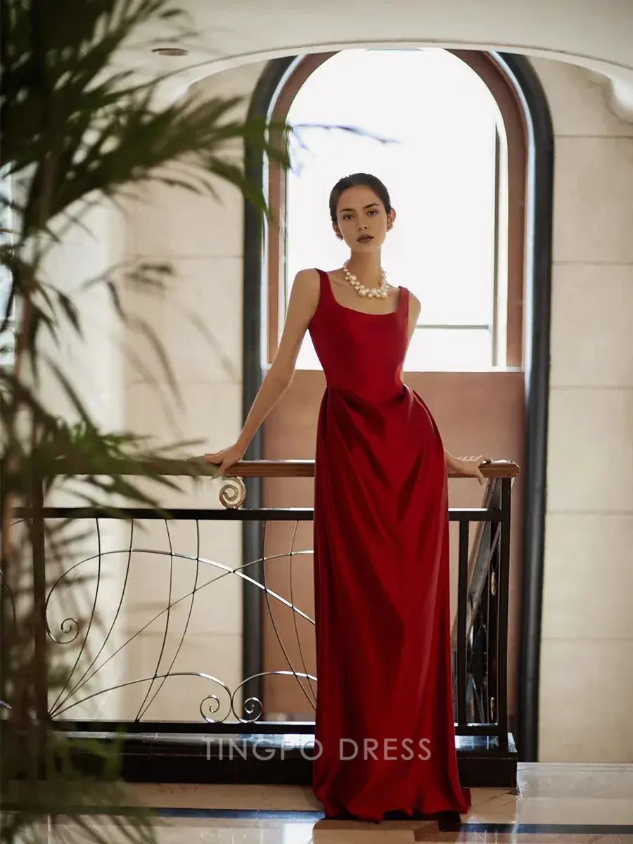 Elegant Square Neck Satin Maxi Dress with Draped Detail and Side Slit Prom Dress